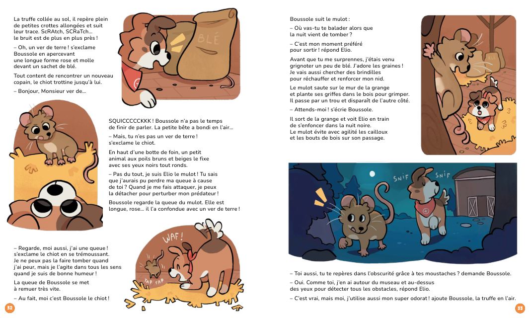Une double page de l'histoire de Boussole, illustrée.