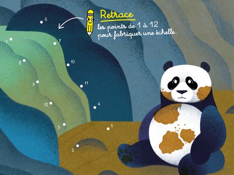 Page de jeu du carnet de mission : « Retrace les points de 1 à 12 pour fabriquer une échelle », à côté d'un panda coincé dans un trou.